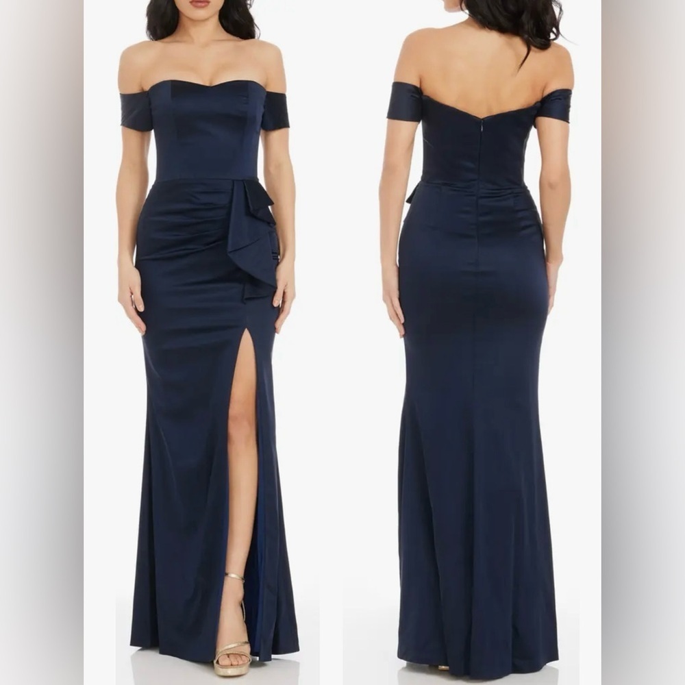 NEW Dress The Population Navy Blue Gabrielle Off the Shoulder Gown Sz L